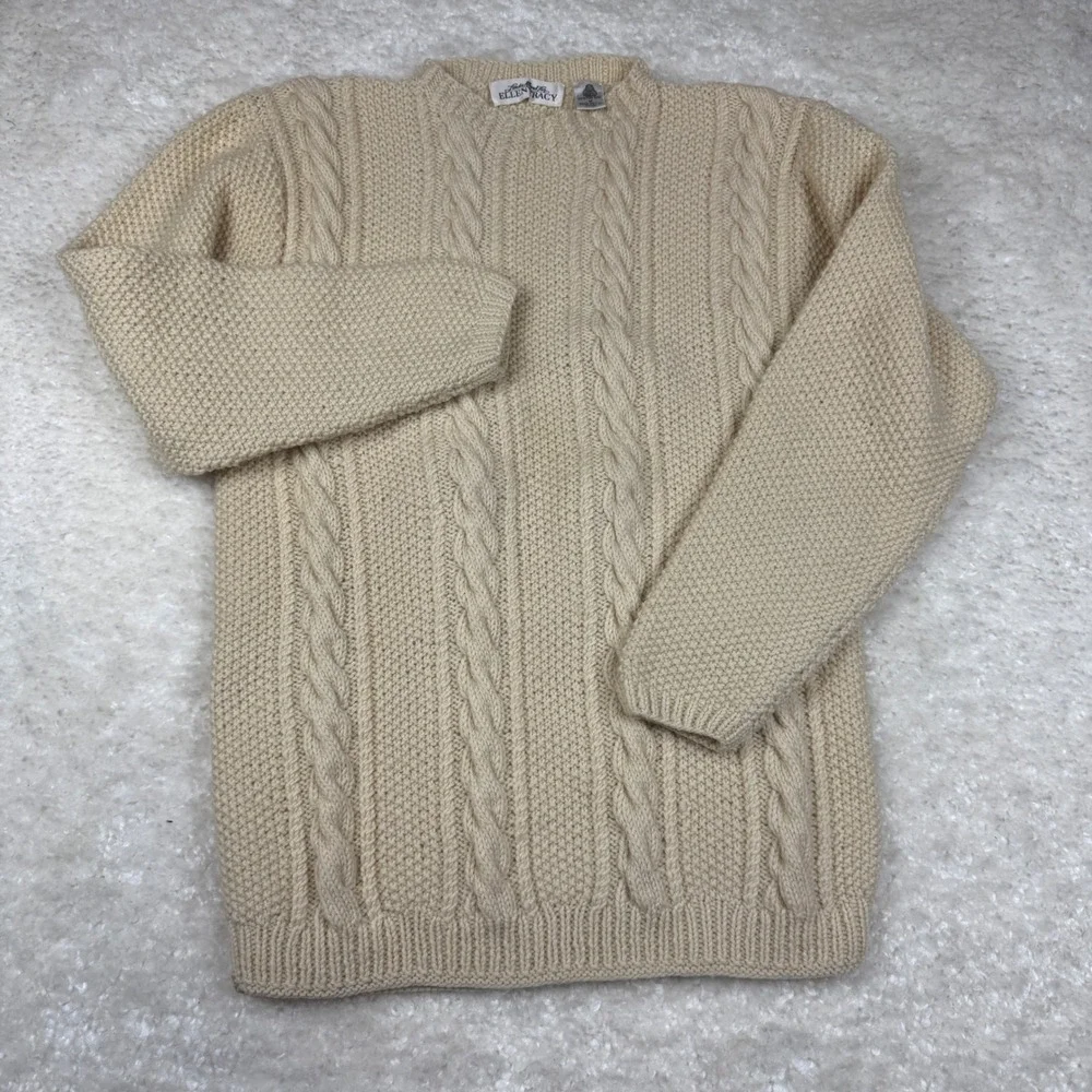 Ellen Tracy Sweater Women M Cream 100% Wool Cable Knit Hand Knit Vtg Fiherman